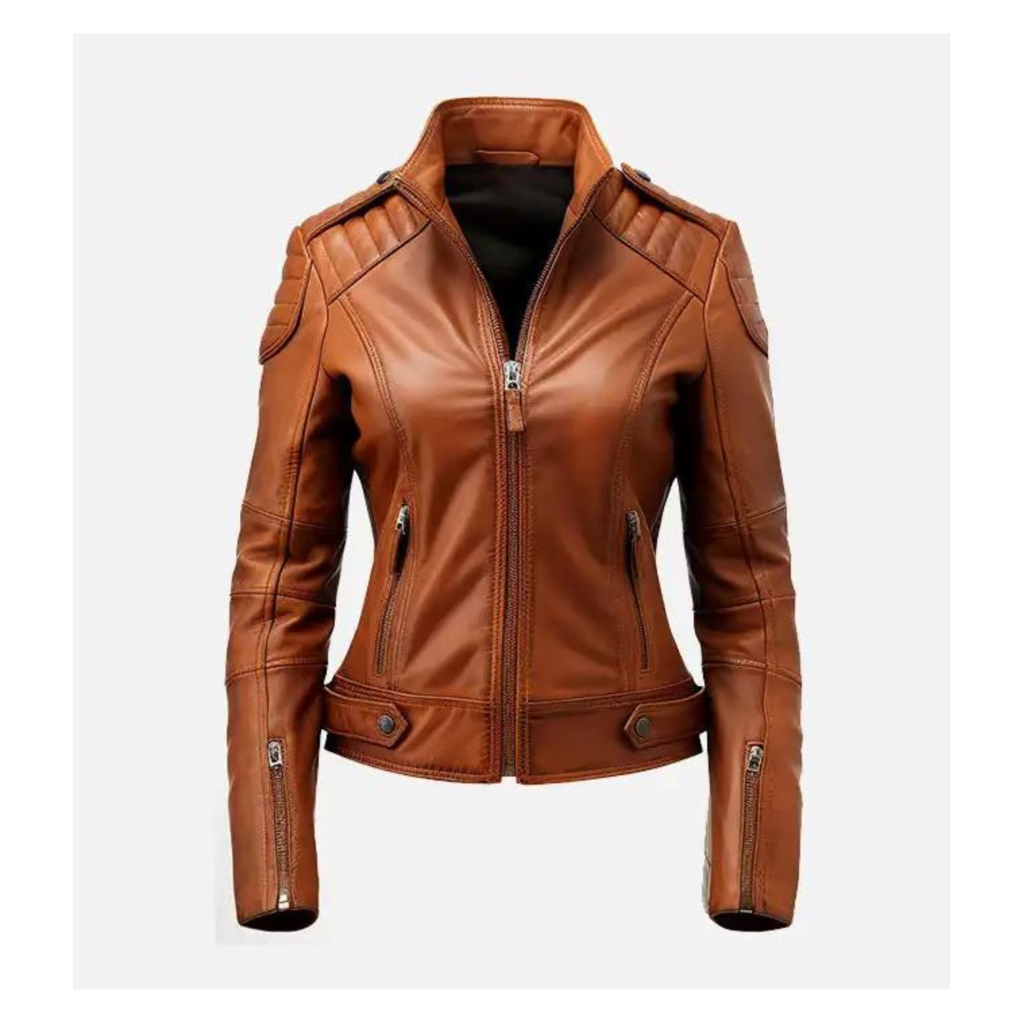 Women’s brown leather biker jacket front view slim fit