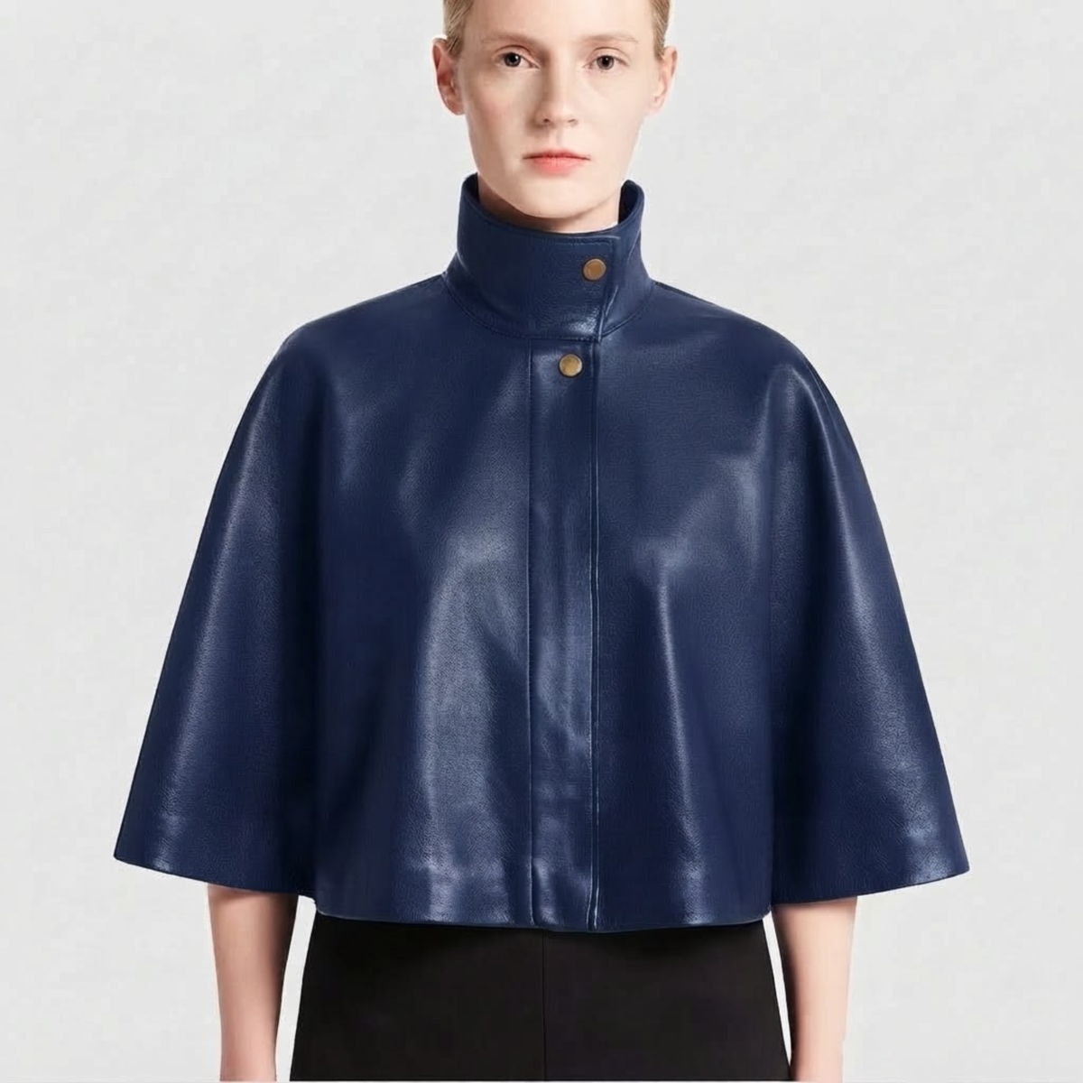 Women's Navy Blue Leather Cape – Genuine Lambskin Capelet with High Collar