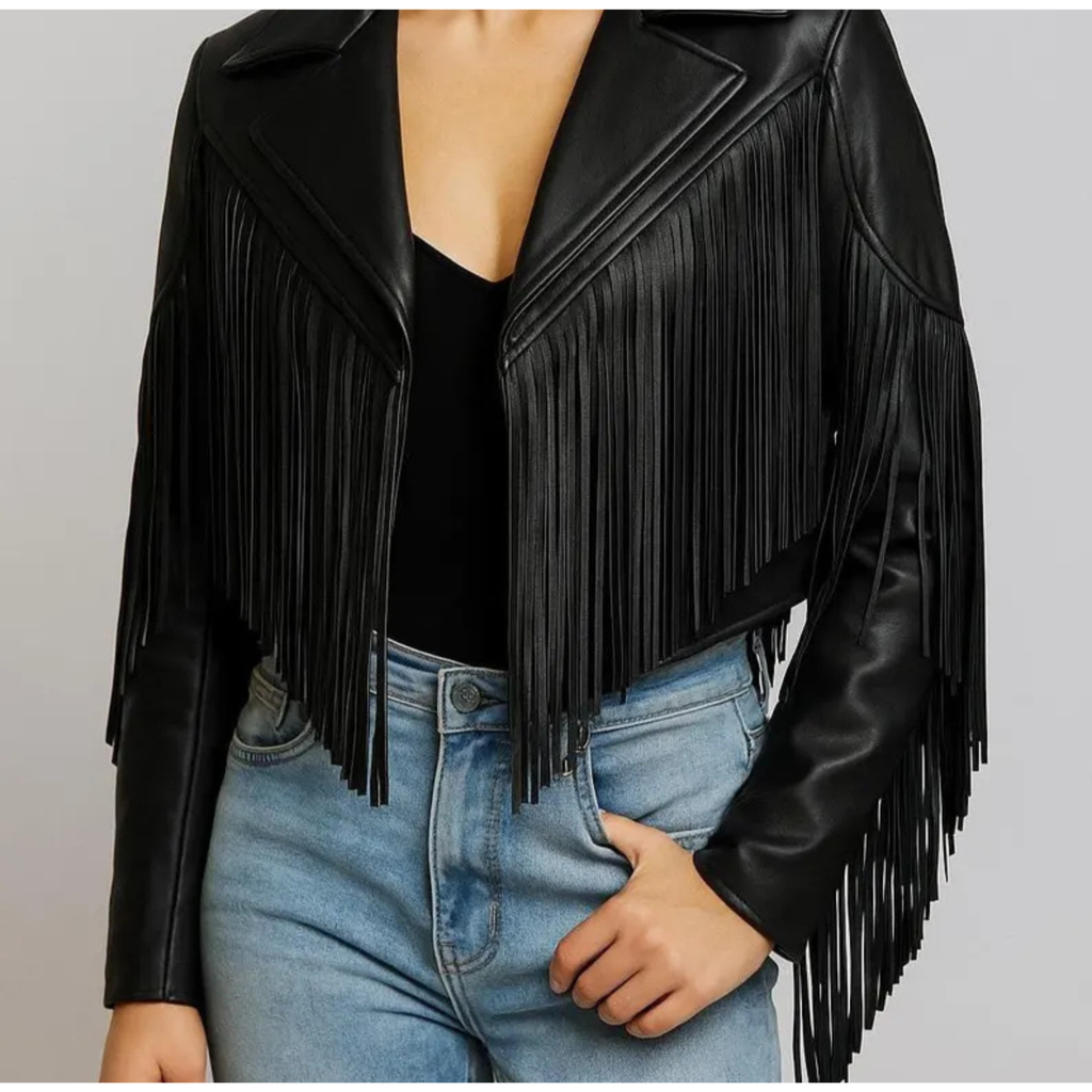 womens black fringe leather jacket front view