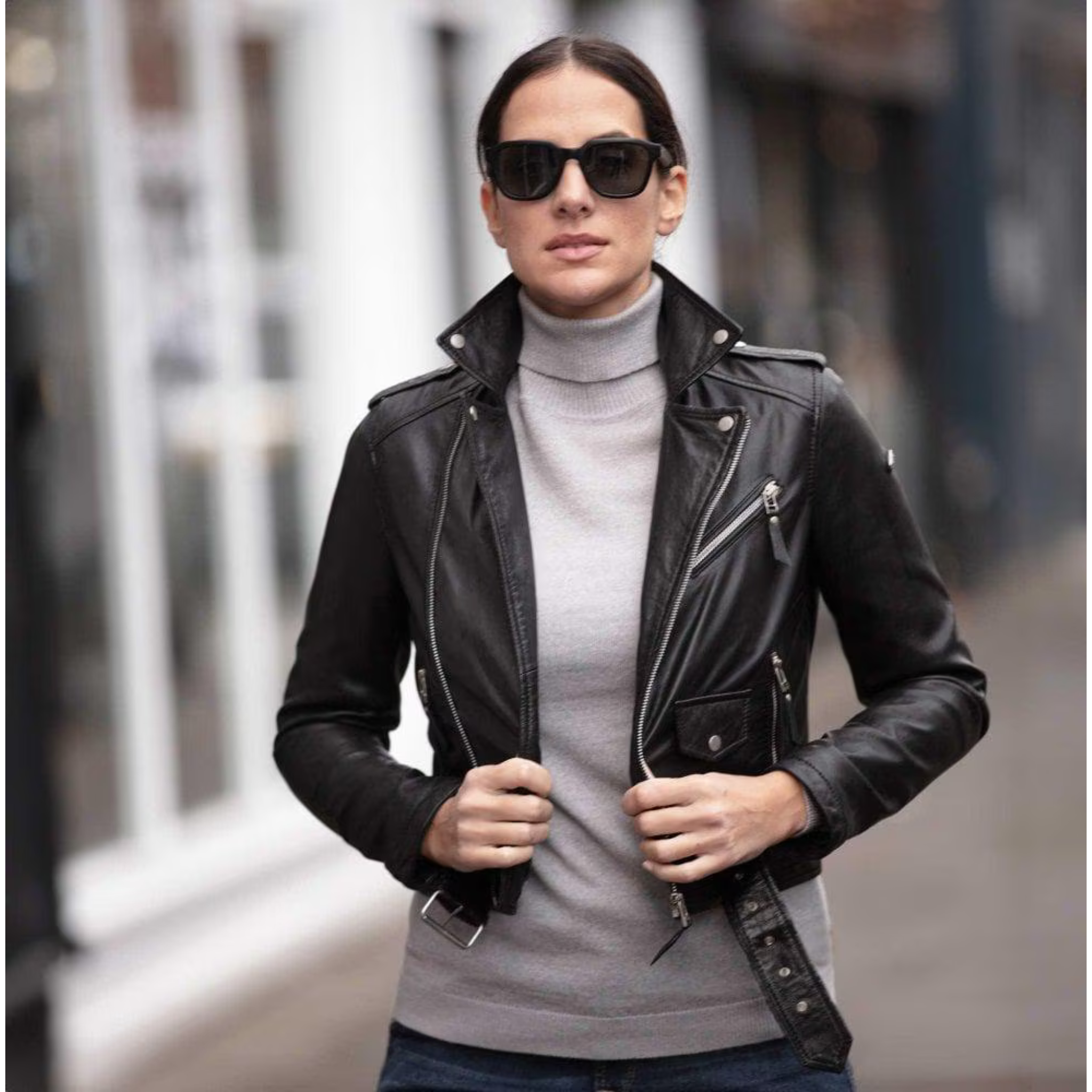 women wearing black leather biker jacket genuine sheepskin