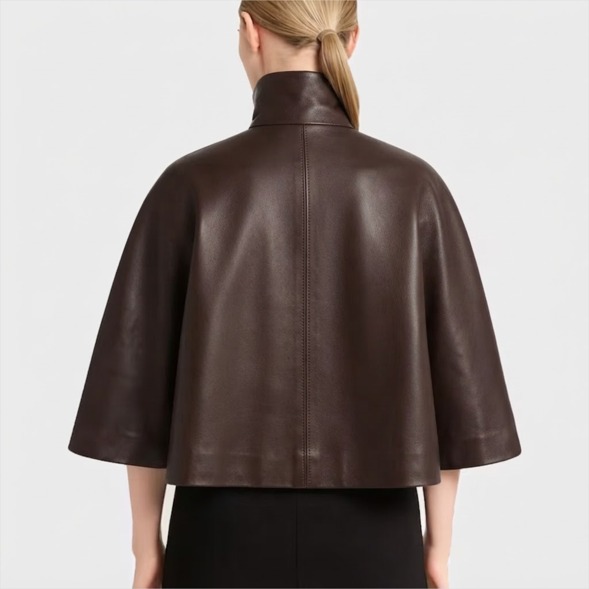 Women's Dark Brown Lambskin Leather Cape with High Collar