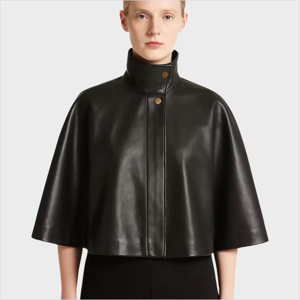 Women's Black Lambskin Leather Cape with High Collar