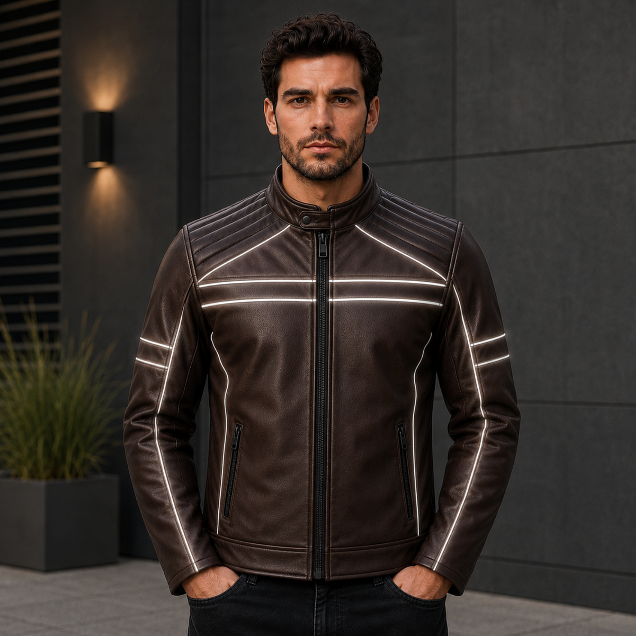 Men's Brown Cowhide Leather Reflective Racer Jacket