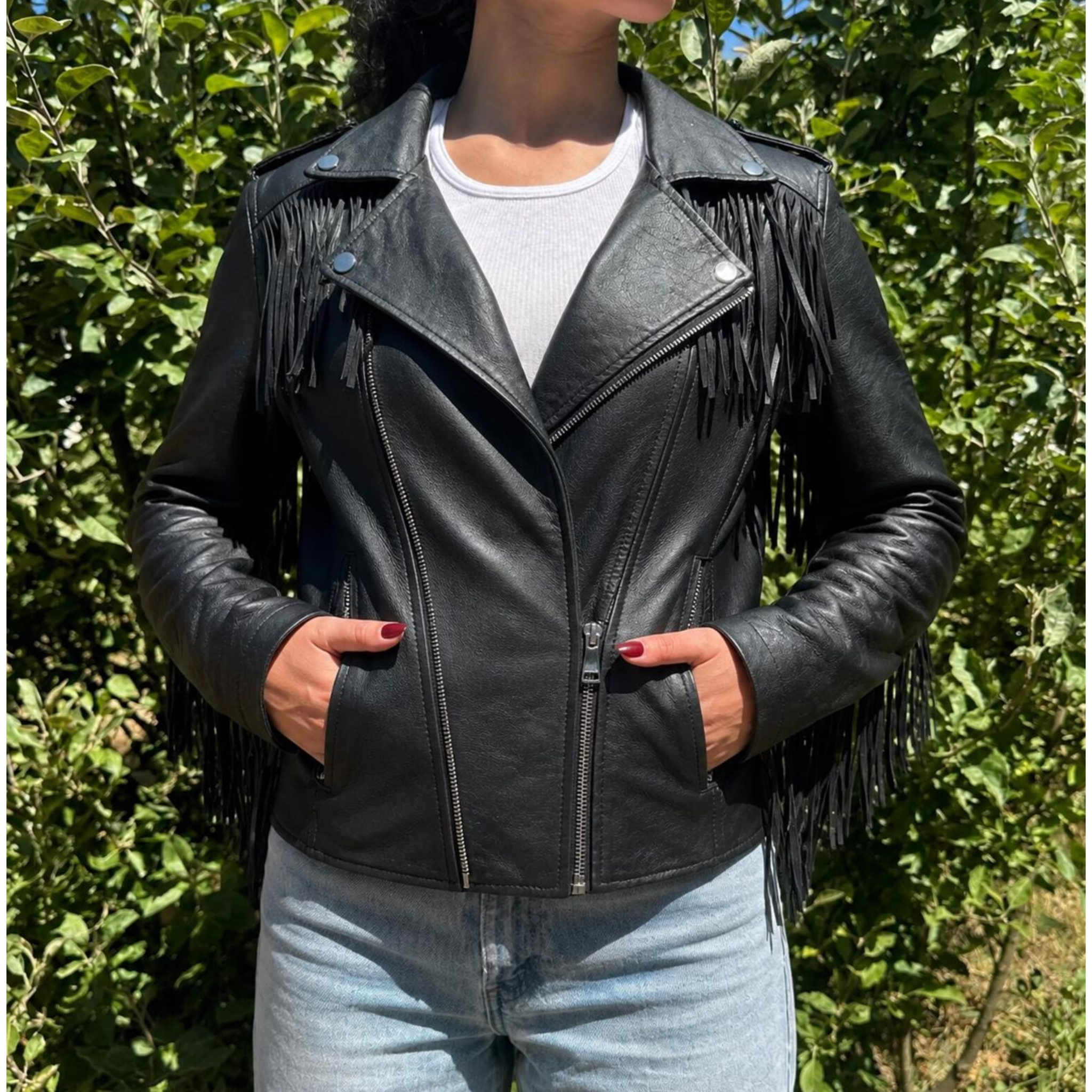 Womens Black Fringe Leather Jacket front view