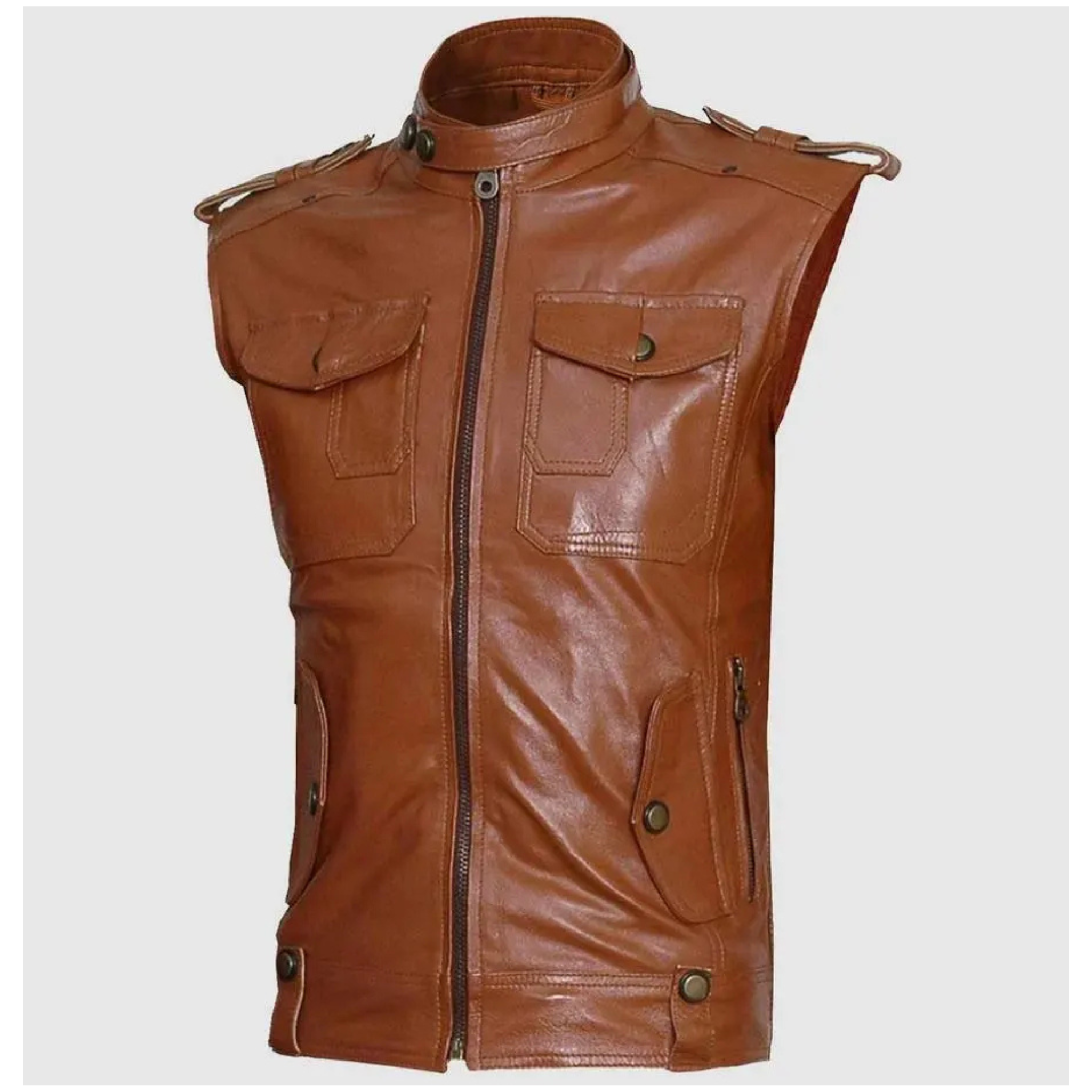 Front view of men’s tan leather biker vest with YKK zip closure