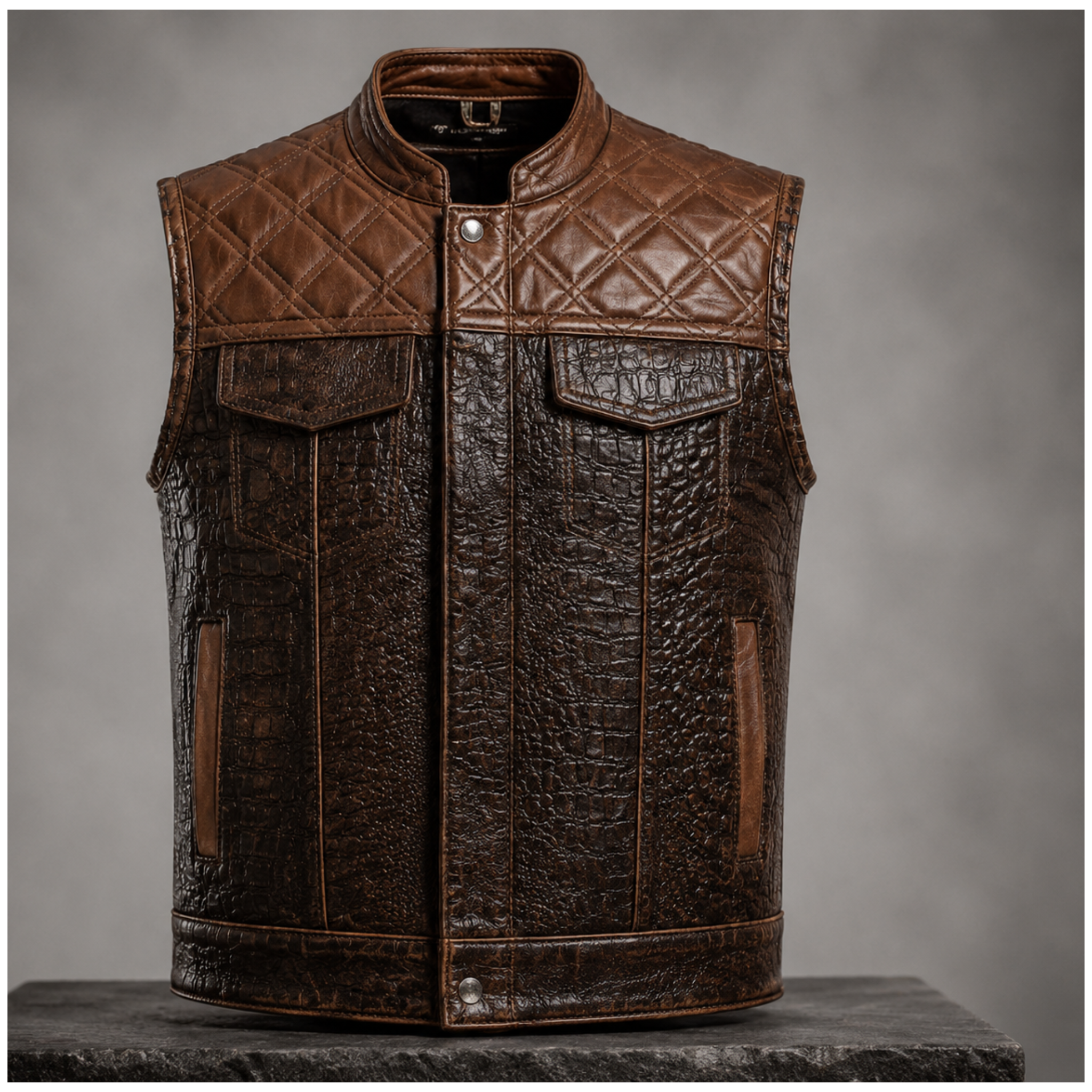 Handcrafted Brown Crocodile Embossed Cowhide Leather Vest – Men's Motorcycle Biker Waistcoat