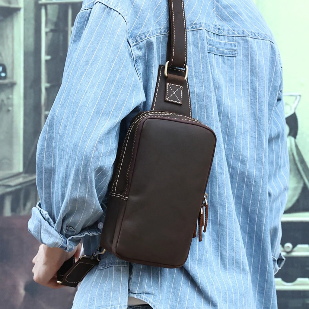 Men's Dark Brown Genuine Leather Sling Bag – Premium Cowhide Crossbody & Travel Bag