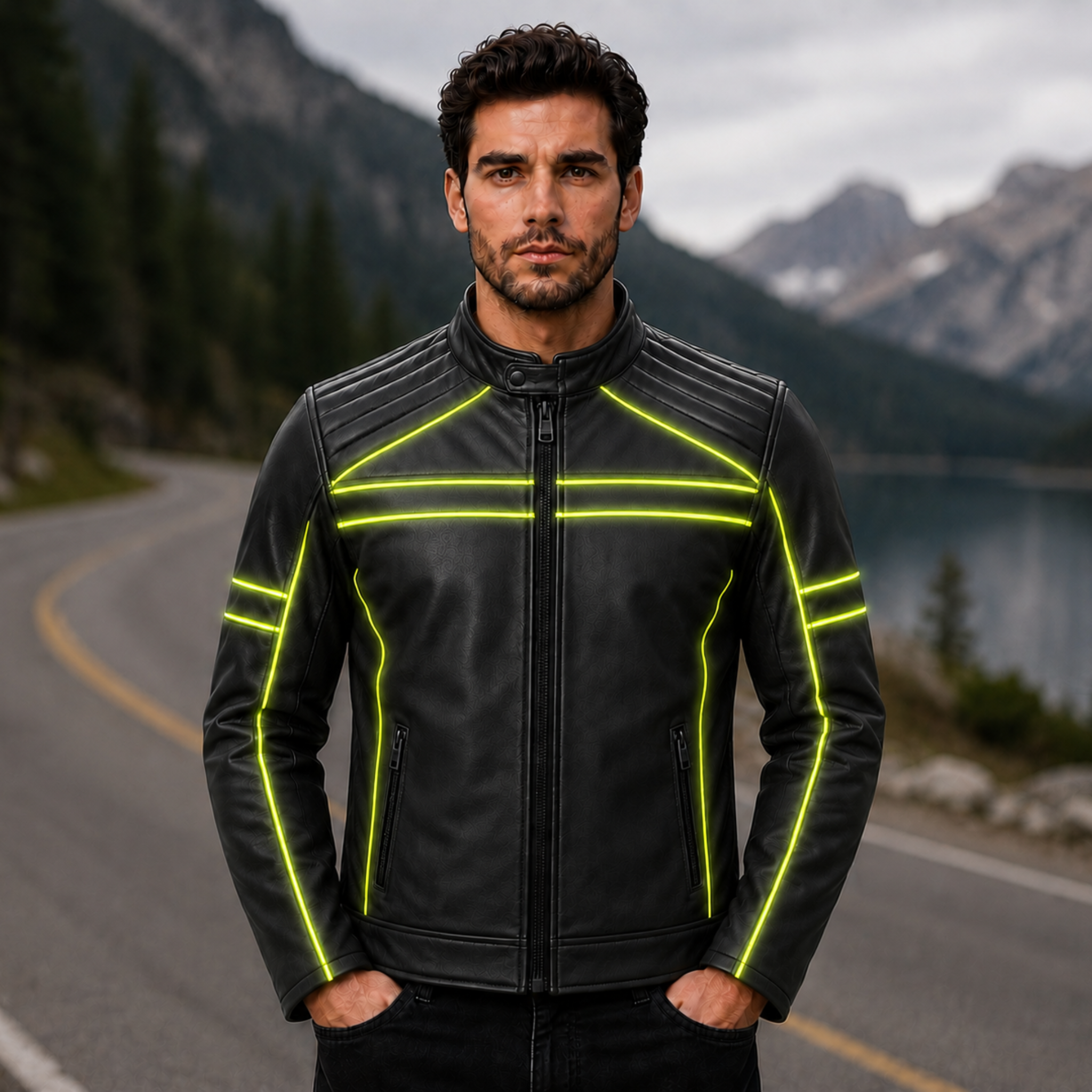 Men's Neon Reflective Cowhide Leather Motorcycle Jacket