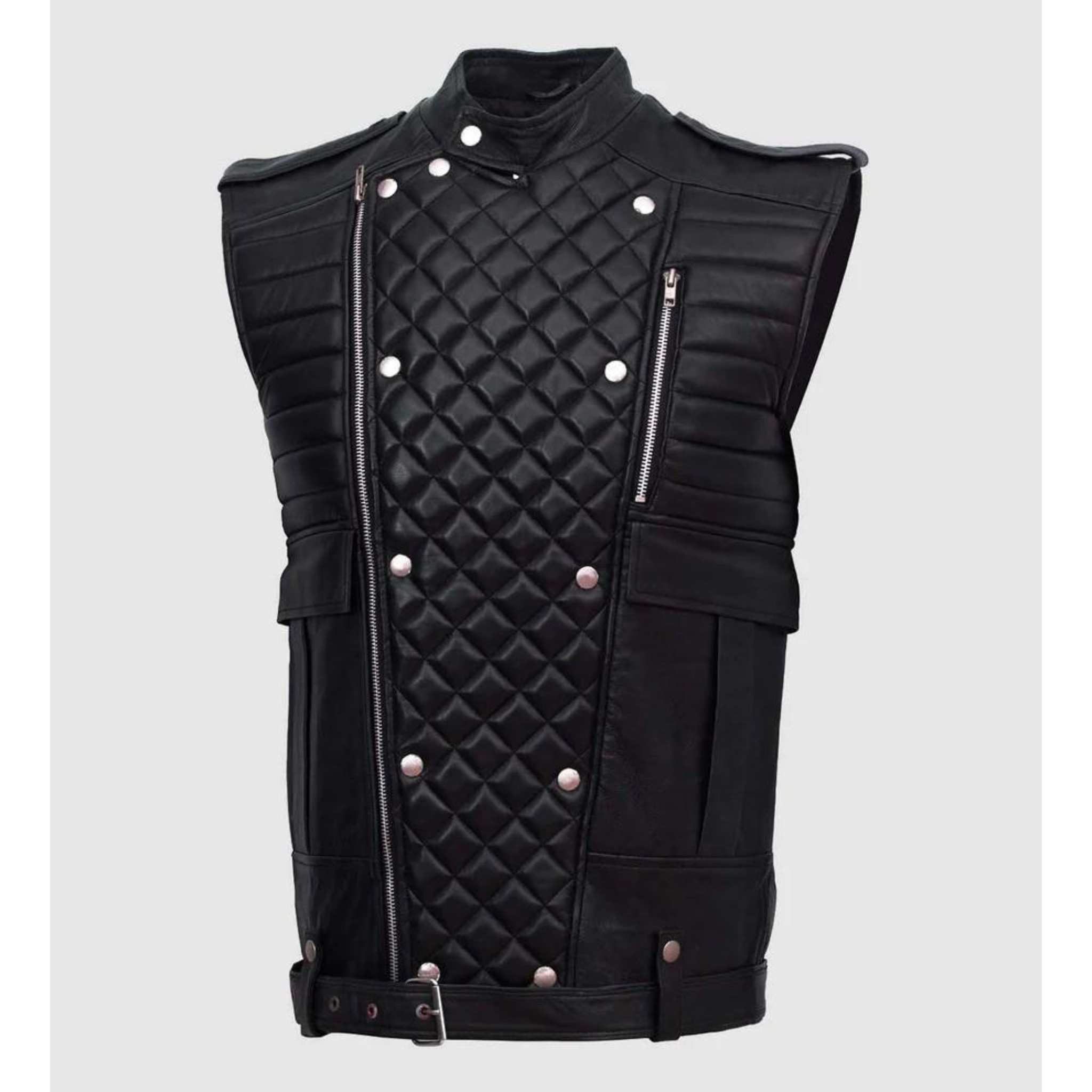 Men’s black sheepskin leather biker vest with belt and snap tab collar front view