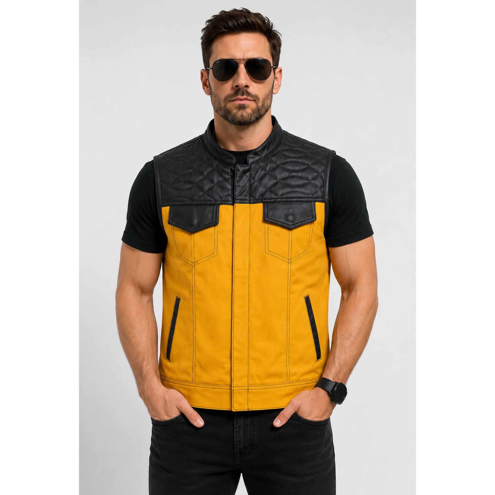 Men's Genuine Cowhide Premium Leather Motorcycle Biker Vest with Yellow Braid