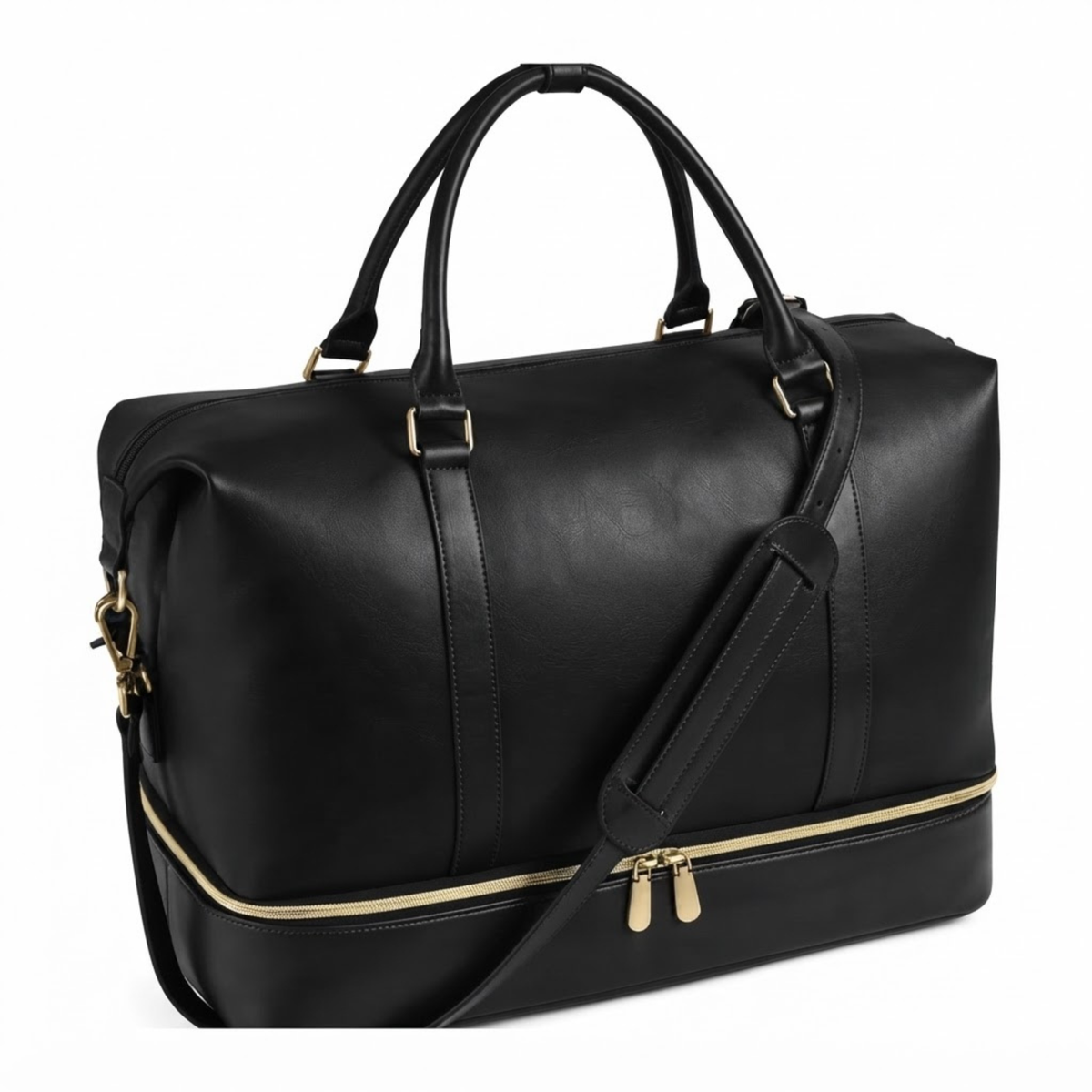 Women's Black Cowhide Leather Weekender Bag with Shoe Compartment
