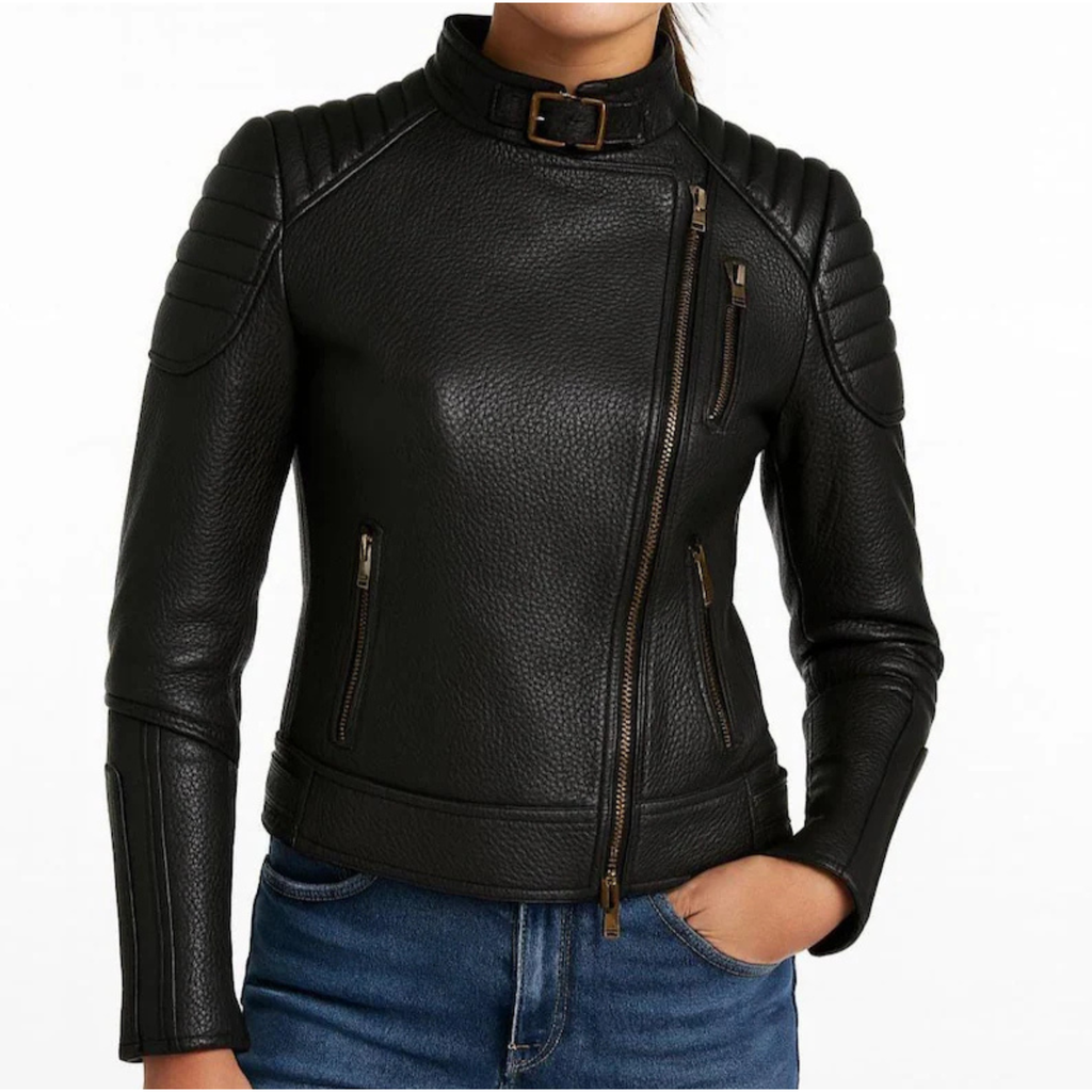 Womens Handmade Sheepskin Leather Biker Jacket front view