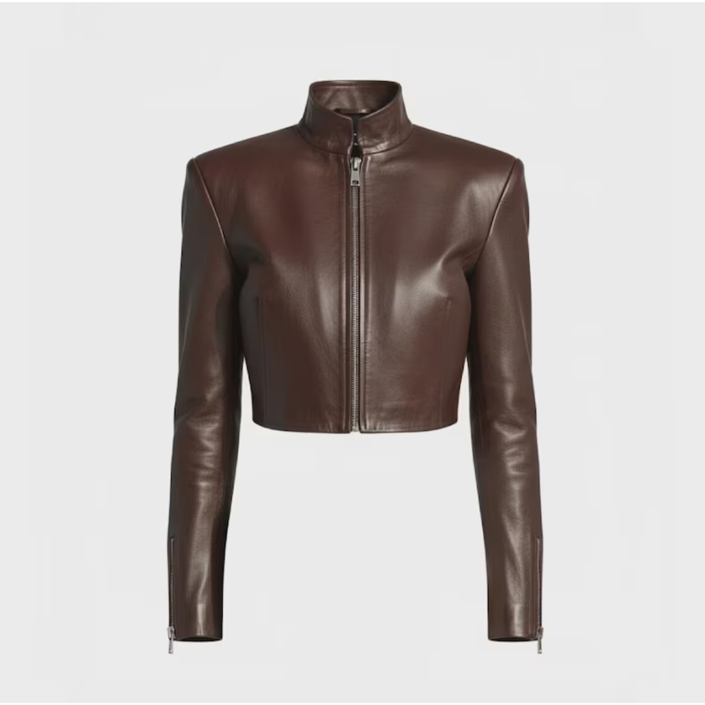Womens Brown Cropped Leather Moto Jacket front view