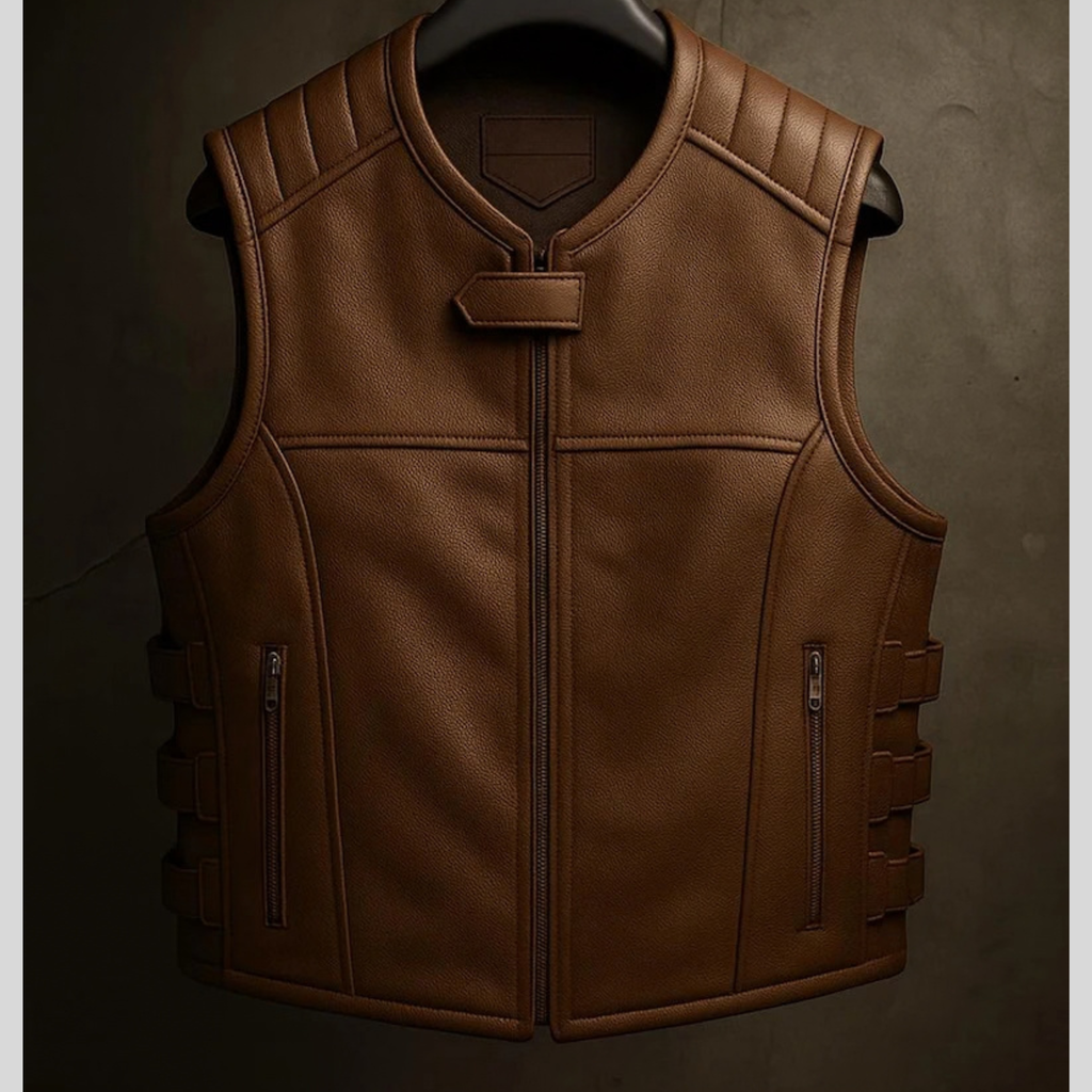 Men's Brown Real Sheepskin Leather Biker Vest -Padded Shoulder Riding Waistcoat