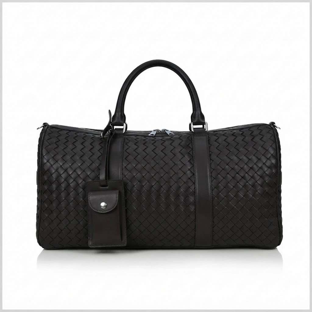 Black Intrecciato Full-Grain Cowhide Leather Weekender Duffle Bag