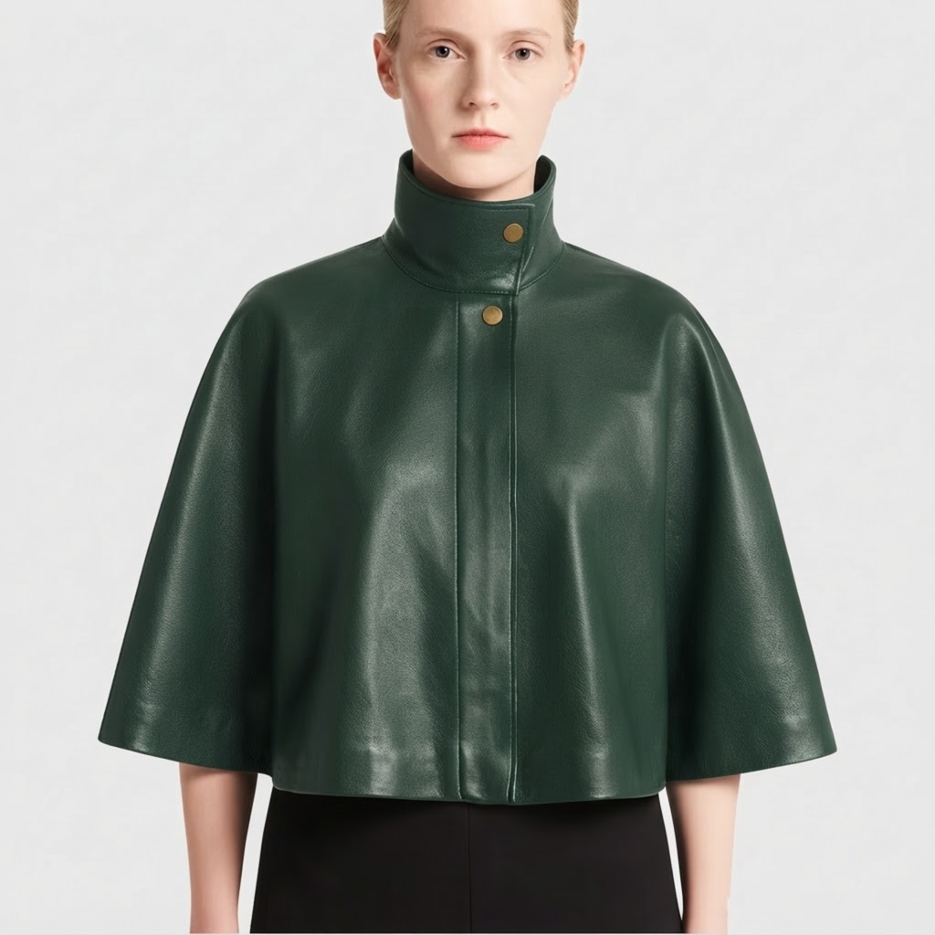 Women's Green Leather Cape – Genuine Lambskin Capelet with High Collar