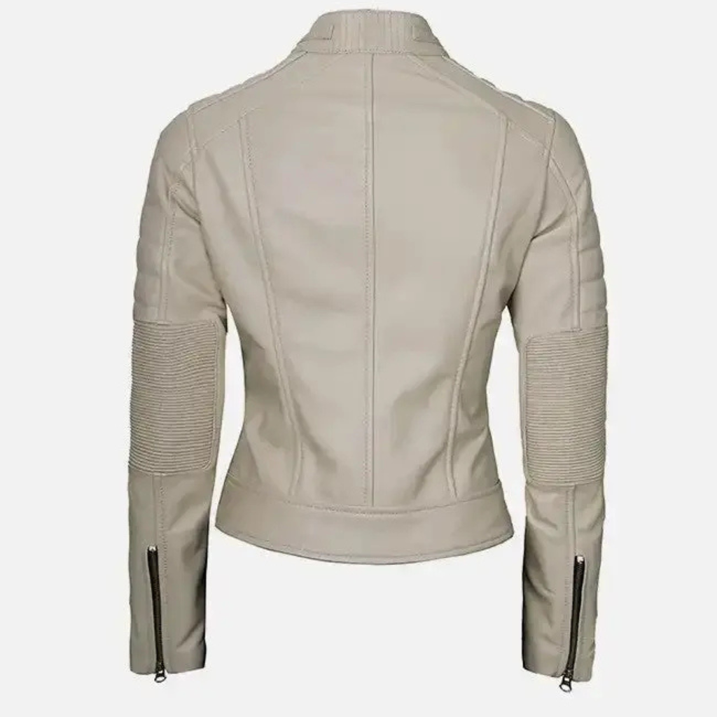 Women's Beige Cafe Racer Leather Jacket | Real Leather Biker Jacket The Leather Syndicate