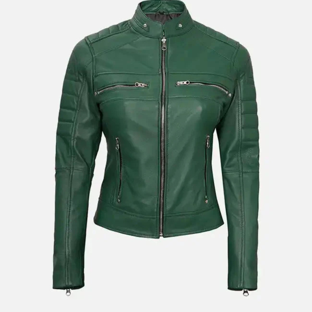 Women's Green Leather Cafe Racer Jacket | Vintage Style Biker | Real Lambskin The Leather Syndicate