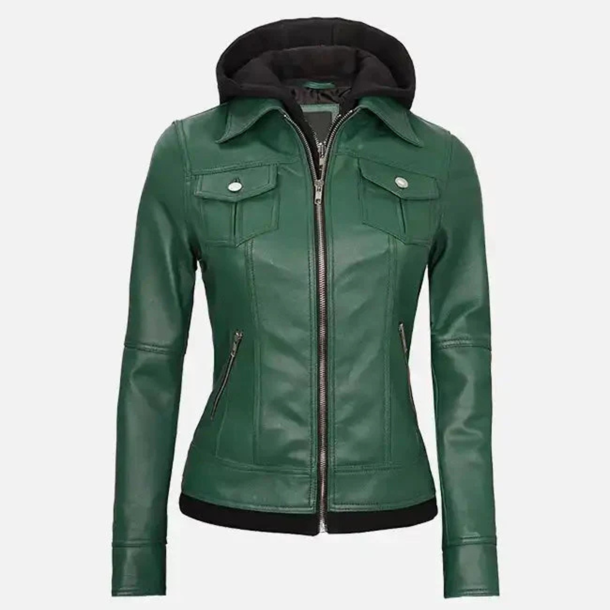 Women's Green Leather Jacket With Hood The Leather Syndicate