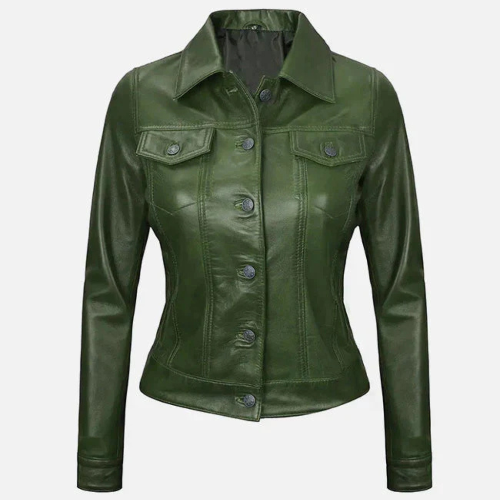Women's Green Leather Trucker Jacket | Vintage Style Motorcycle Coat The Leather Syndicate