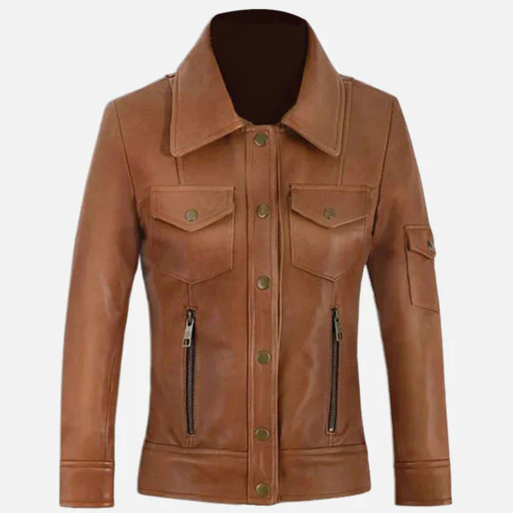 Women's Tan Leather Trucker Jacket The Leather Syndicate