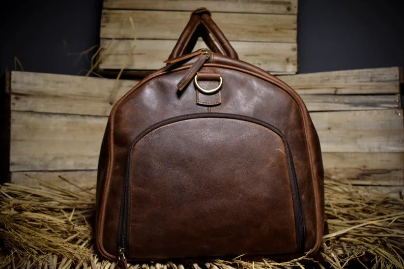 Personalized Leather Weekender Bag with Shoe Compartment & 18" Laptop Sleeve