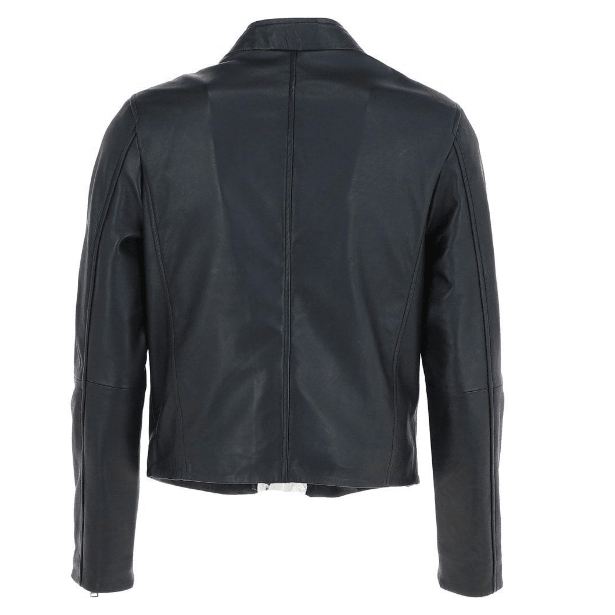 black leather side zip biker jacket mens slim fit back view clean biker design