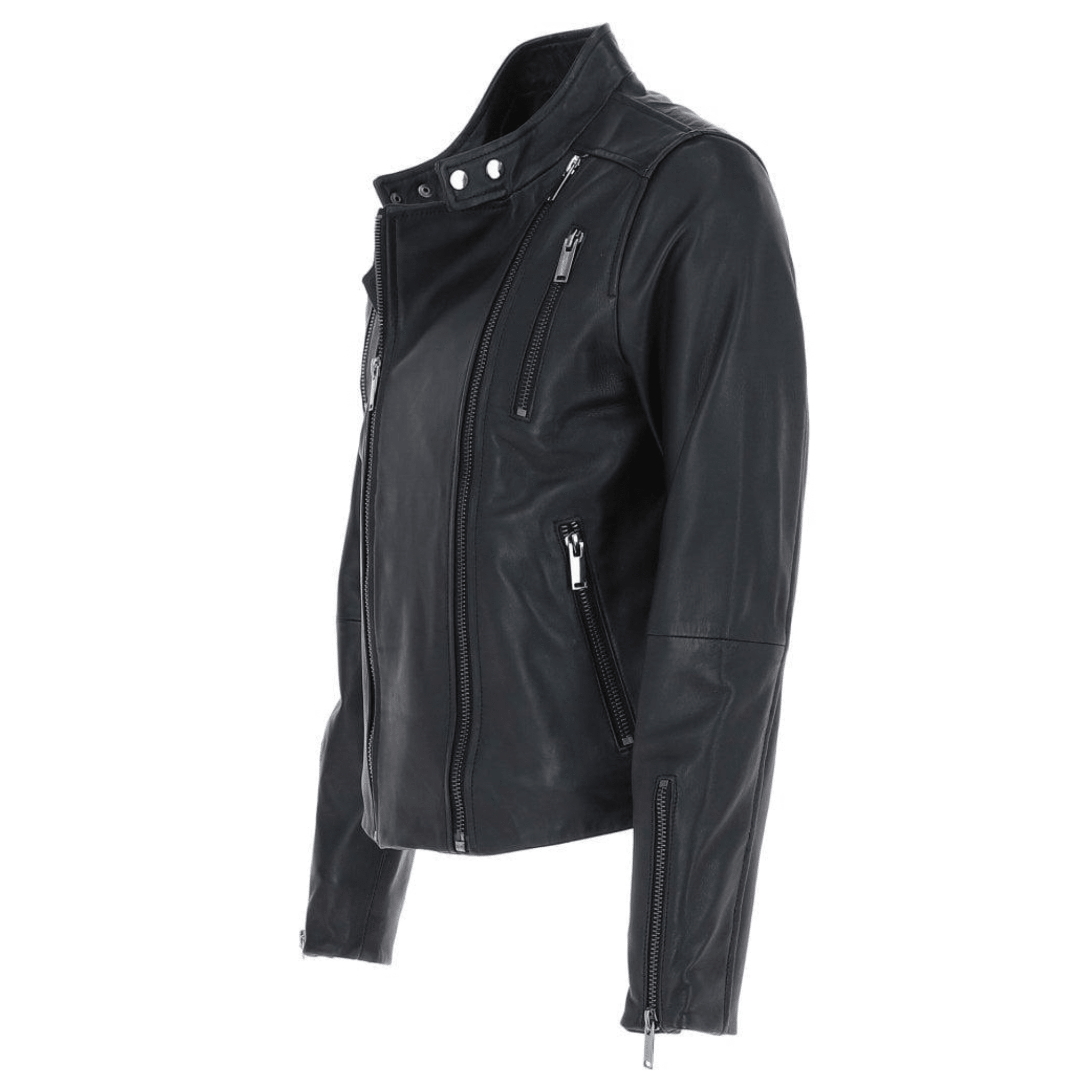 black leather side zip biker jacket mens slim fit asymmetrical zipper side view showing tailored fit