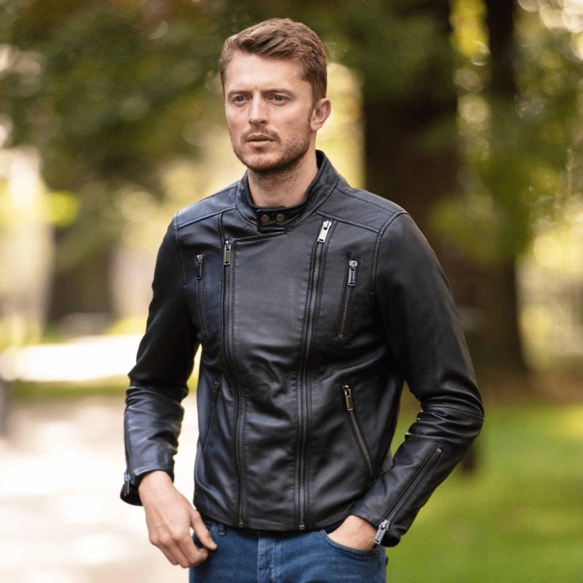 mens black leather side zip biker jacket slim fit model wearing street style outfit