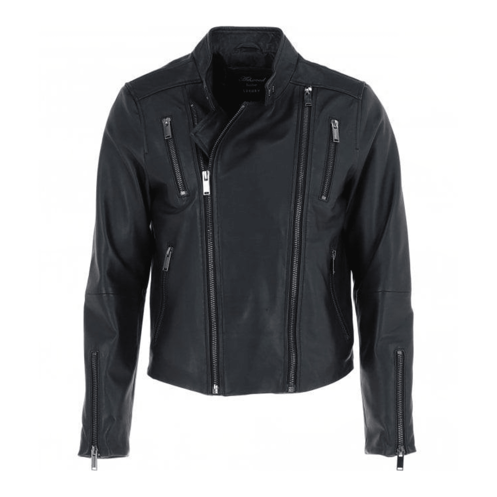 black leather side zip biker jacket mens slim fit asymmetrical zipper front view