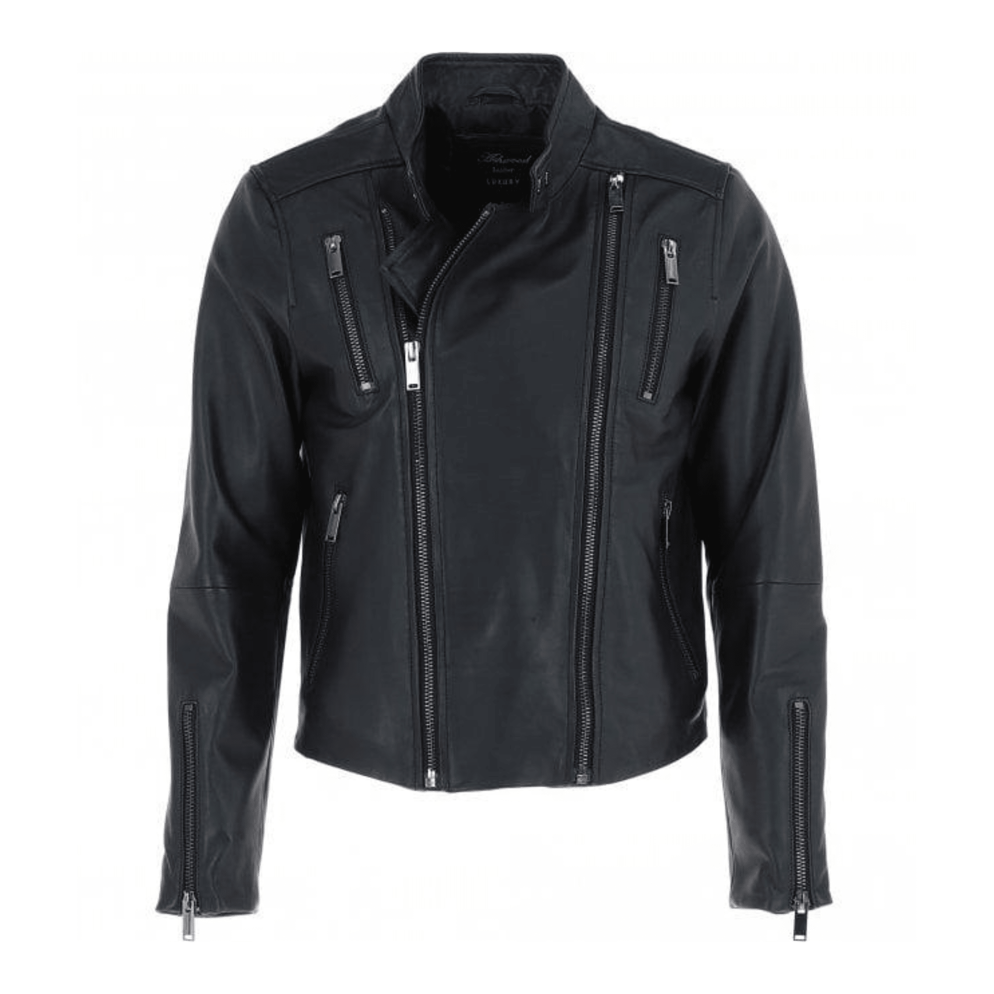 black leather side zip biker jacket mens slim fit asymmetrical zipper front view