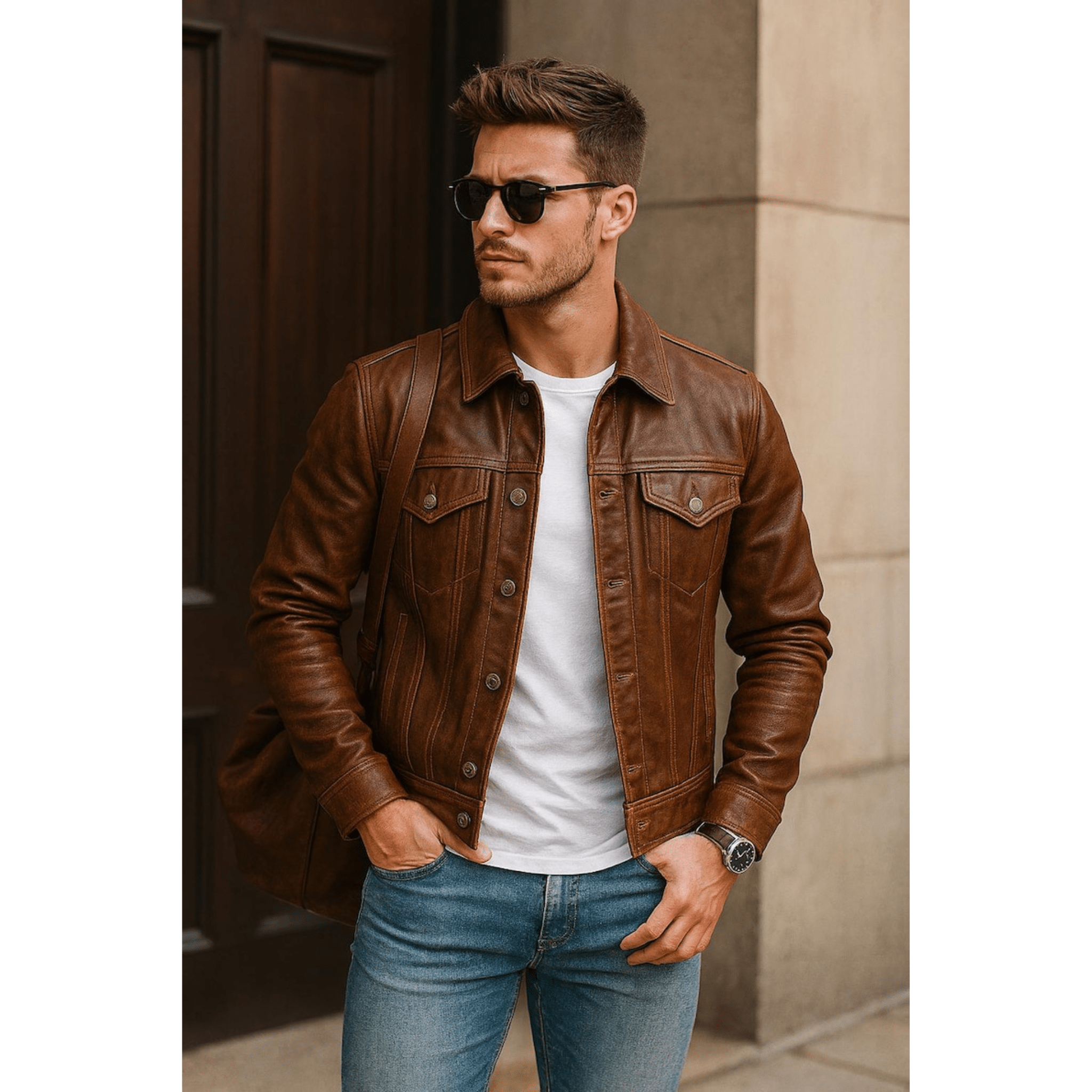 Brown Leather Jacket Mens – Real Leather Cafe Racer Biker Trucker Jacket for Men - The Leather Syndicate