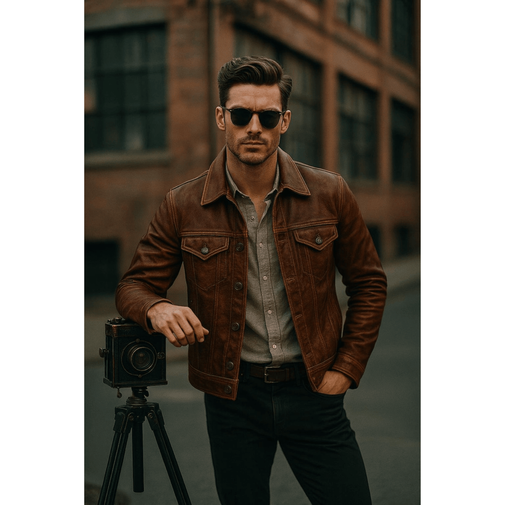Brown Leather Jacket Mens – Real Leather Cafe Racer Biker Trucker Jacket for Men - The Leather Syndicate