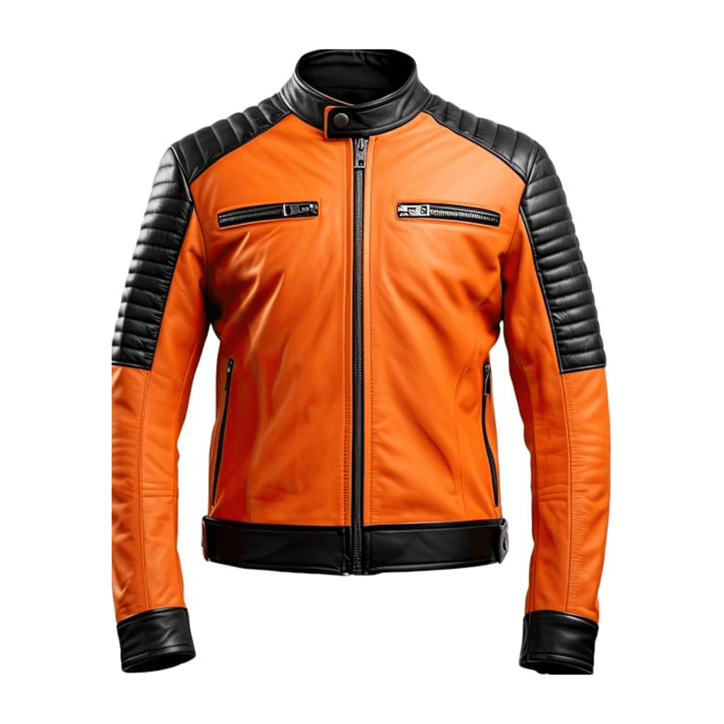 orange cafe racer leather jacket mens front view slim fit