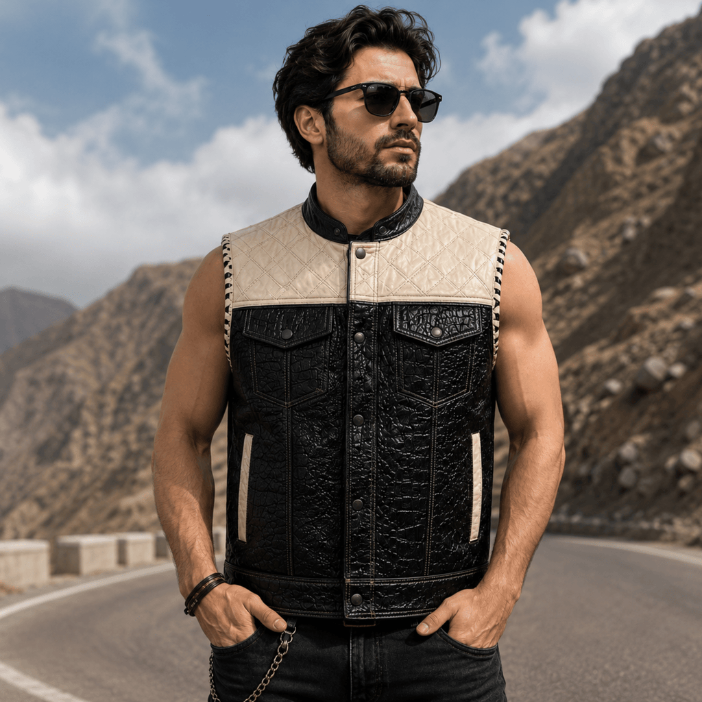 Custom Crocodile Embossed Cowhide Leather Vest for Men Front View