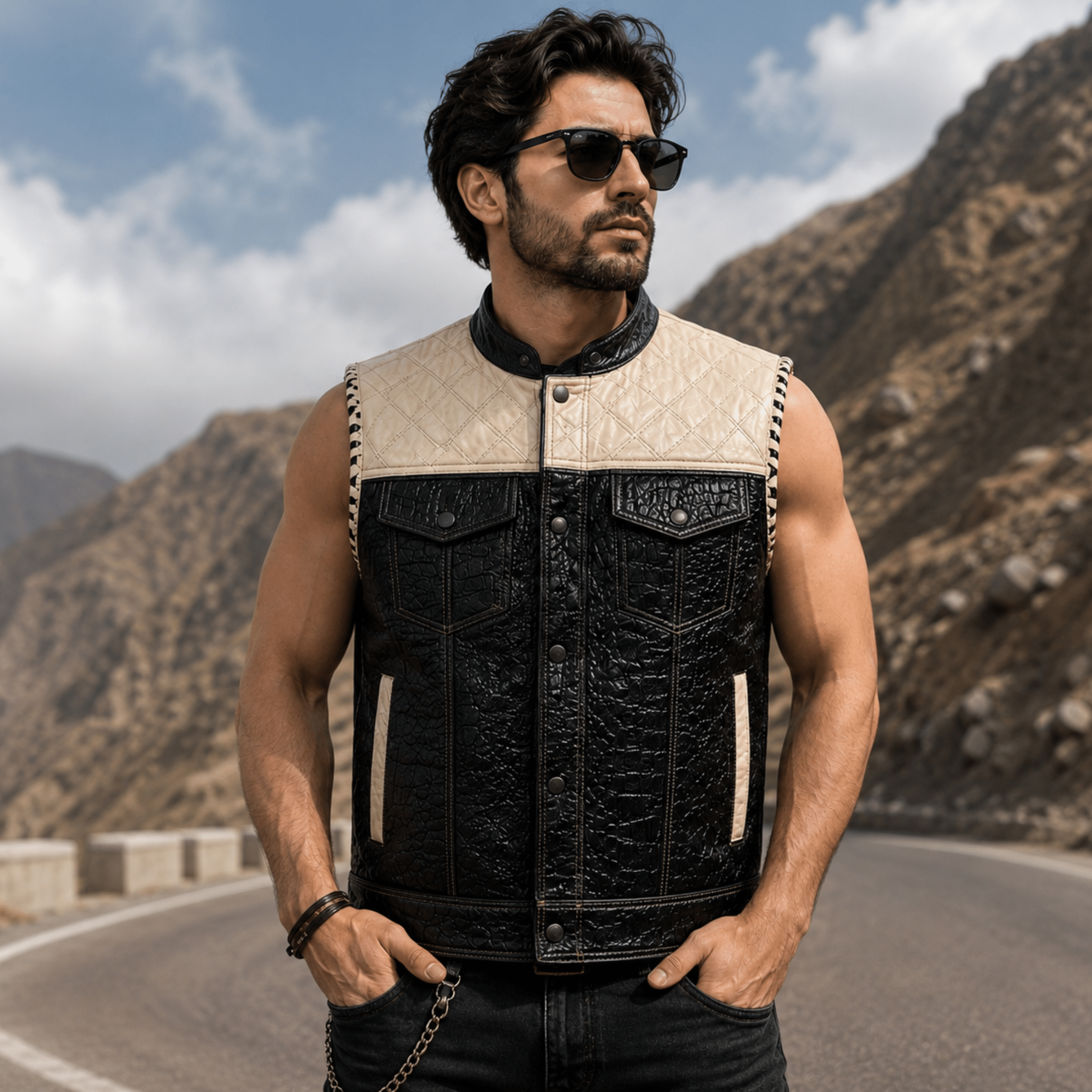 Custom Crocodile Embossed Cowhide Leather Vest for Men Front View