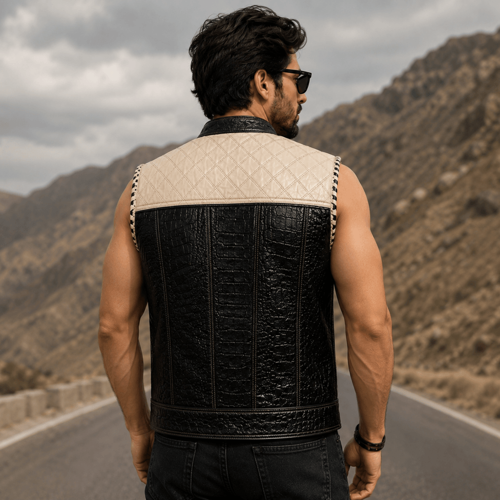 Custom Crocodile Embossed Cowhide Leather Vest for Men Back View