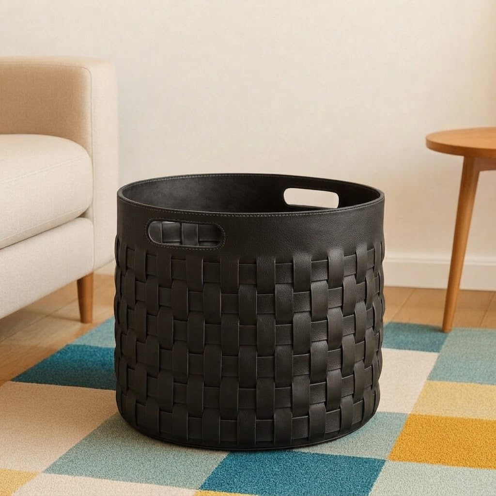 Handwoven Black Full-Grain Cowhide Leather Storage Basket