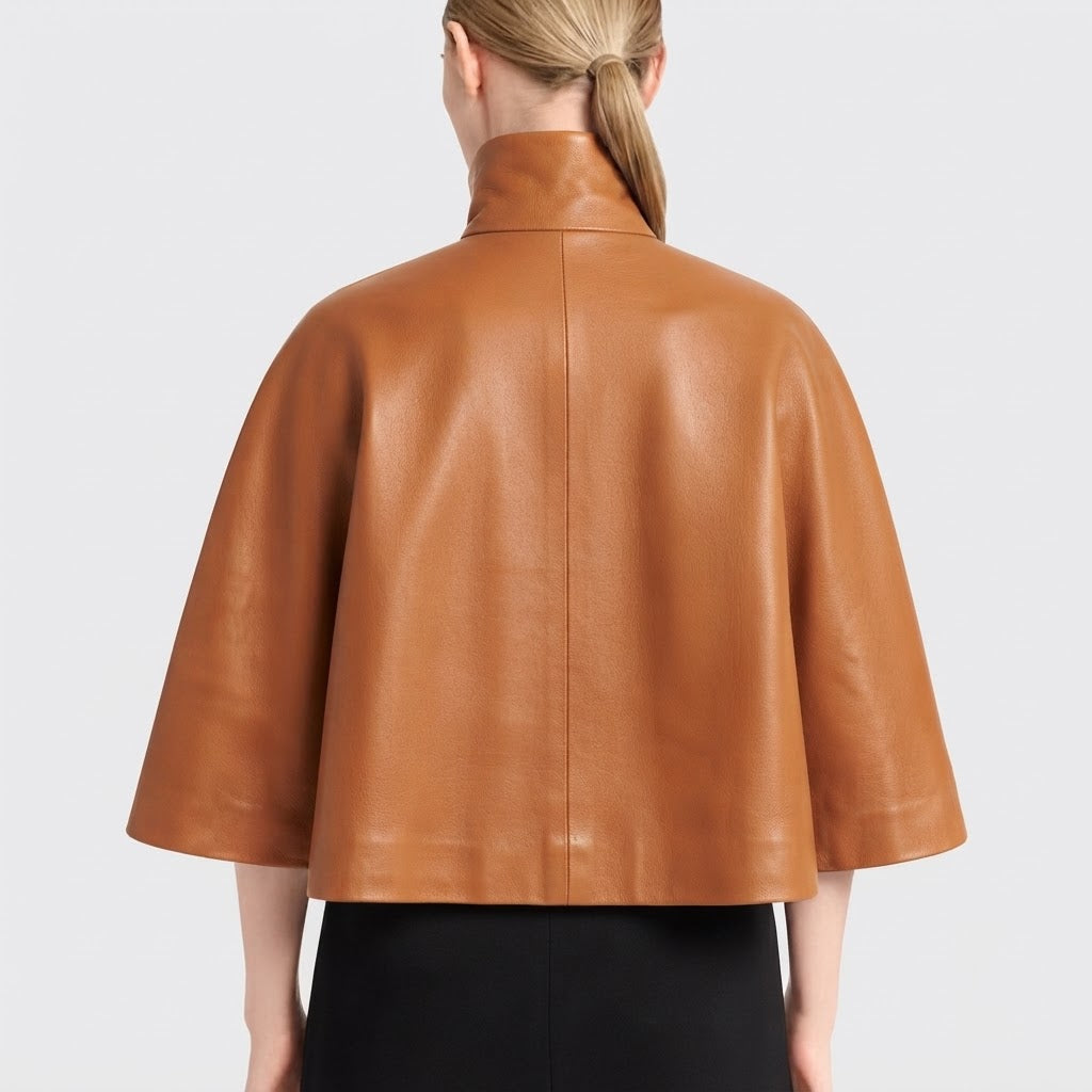Women's Tan Lambskin Leather Cape with High Collar