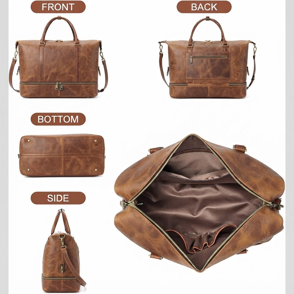 Vintage Brown Cowhide Leather Weekender Bag for Women | Overnight Travel Duffle with Shoe Compartment