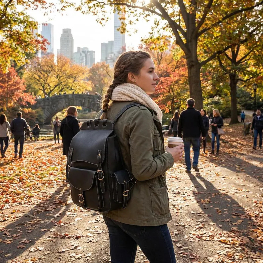 Full Grain Cowskin Leather Backpack with model