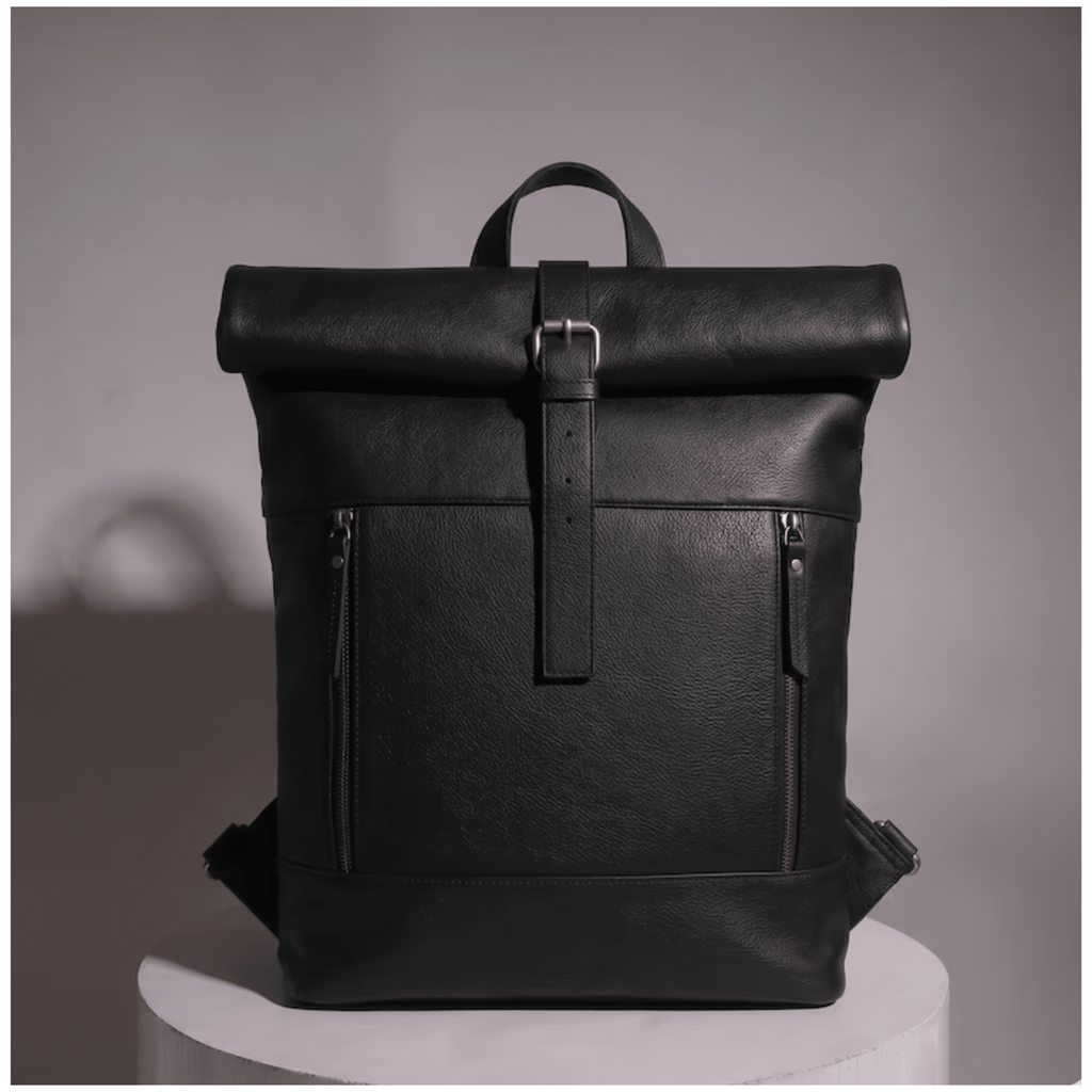 Full Grain Leather Roll Top Backpack front view