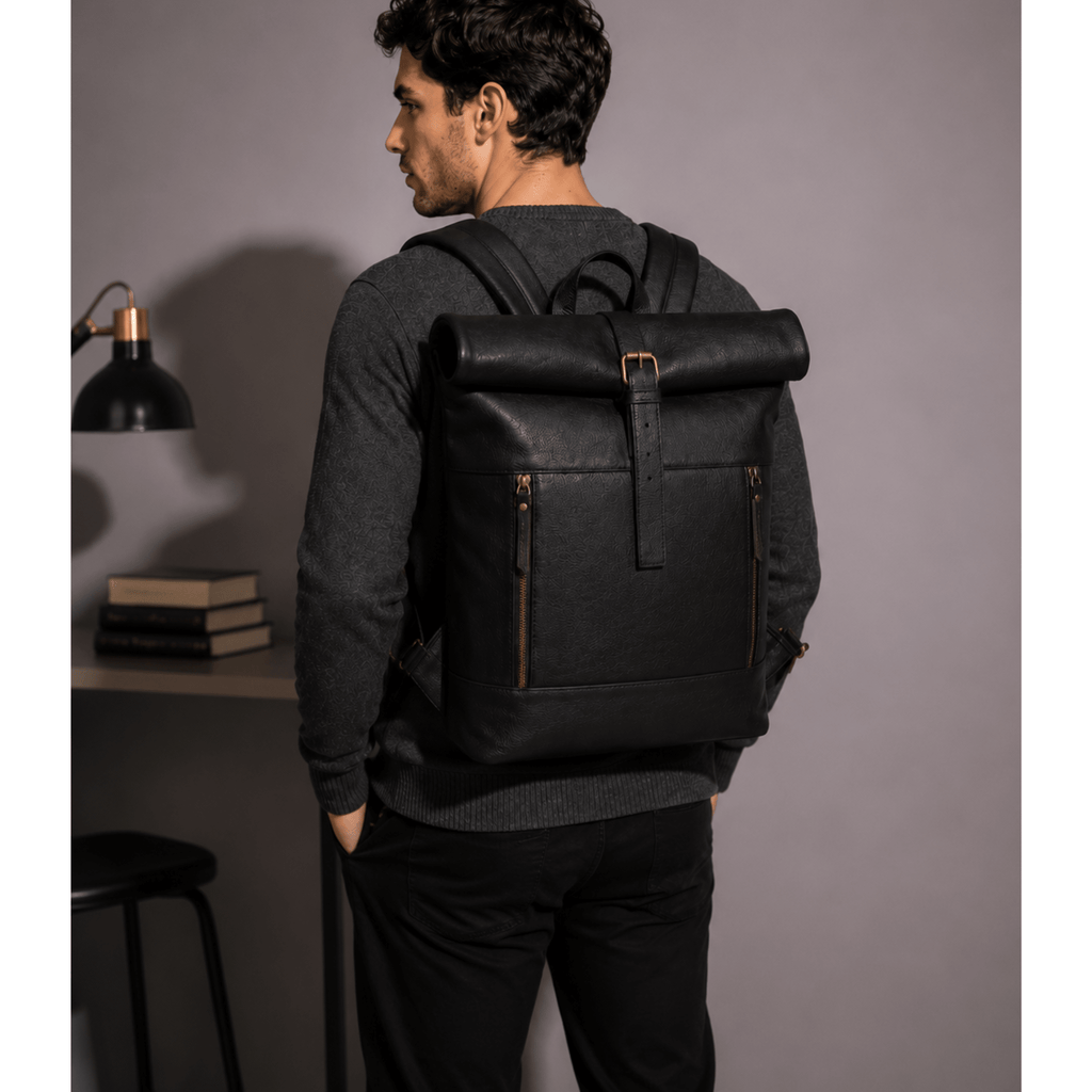Full Grain Leather Roll Top Backpack  back view model