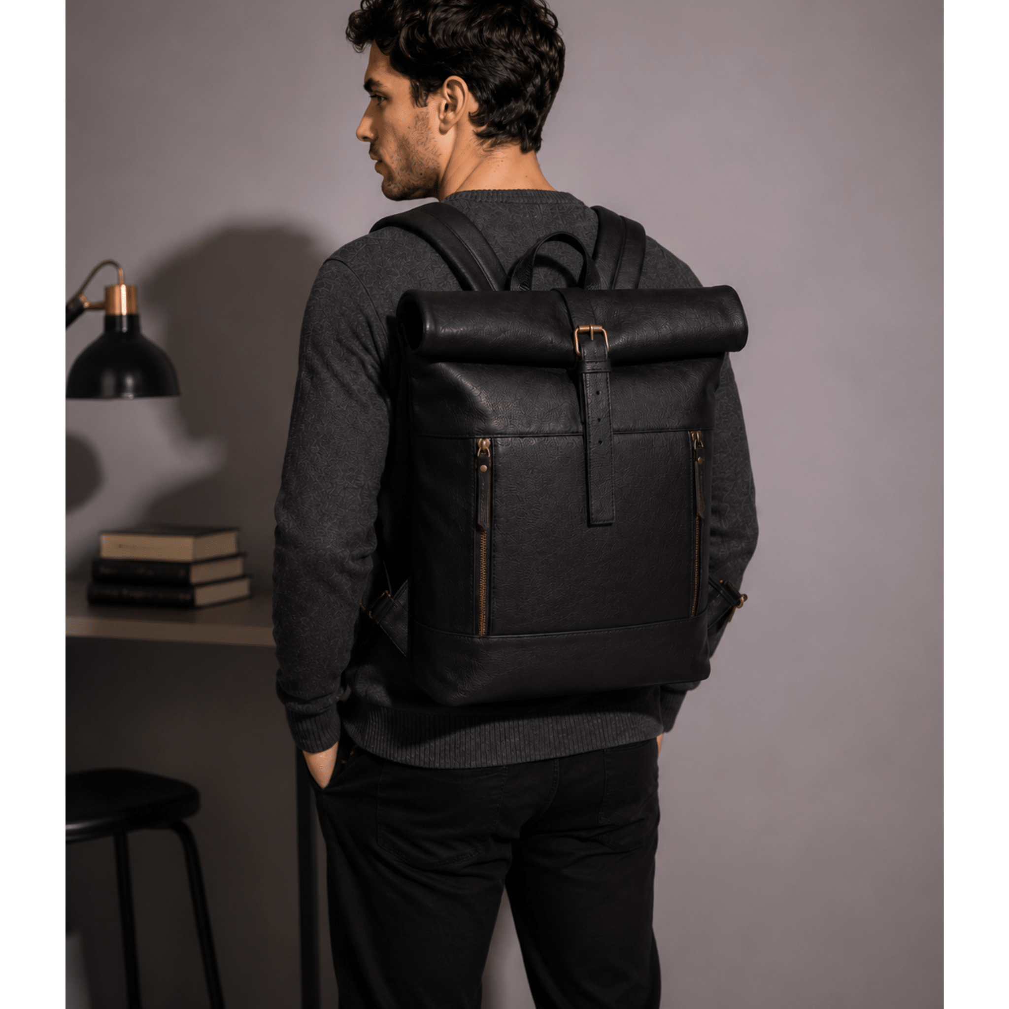 Full Grain Leather Roll Top Backpack  back view model