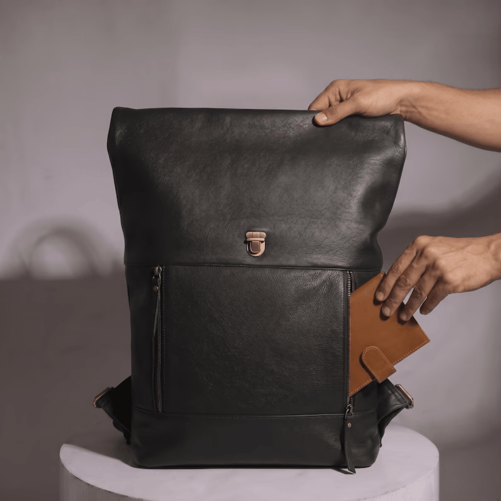 Full Grain Leather Roll Top Backpack side pocket