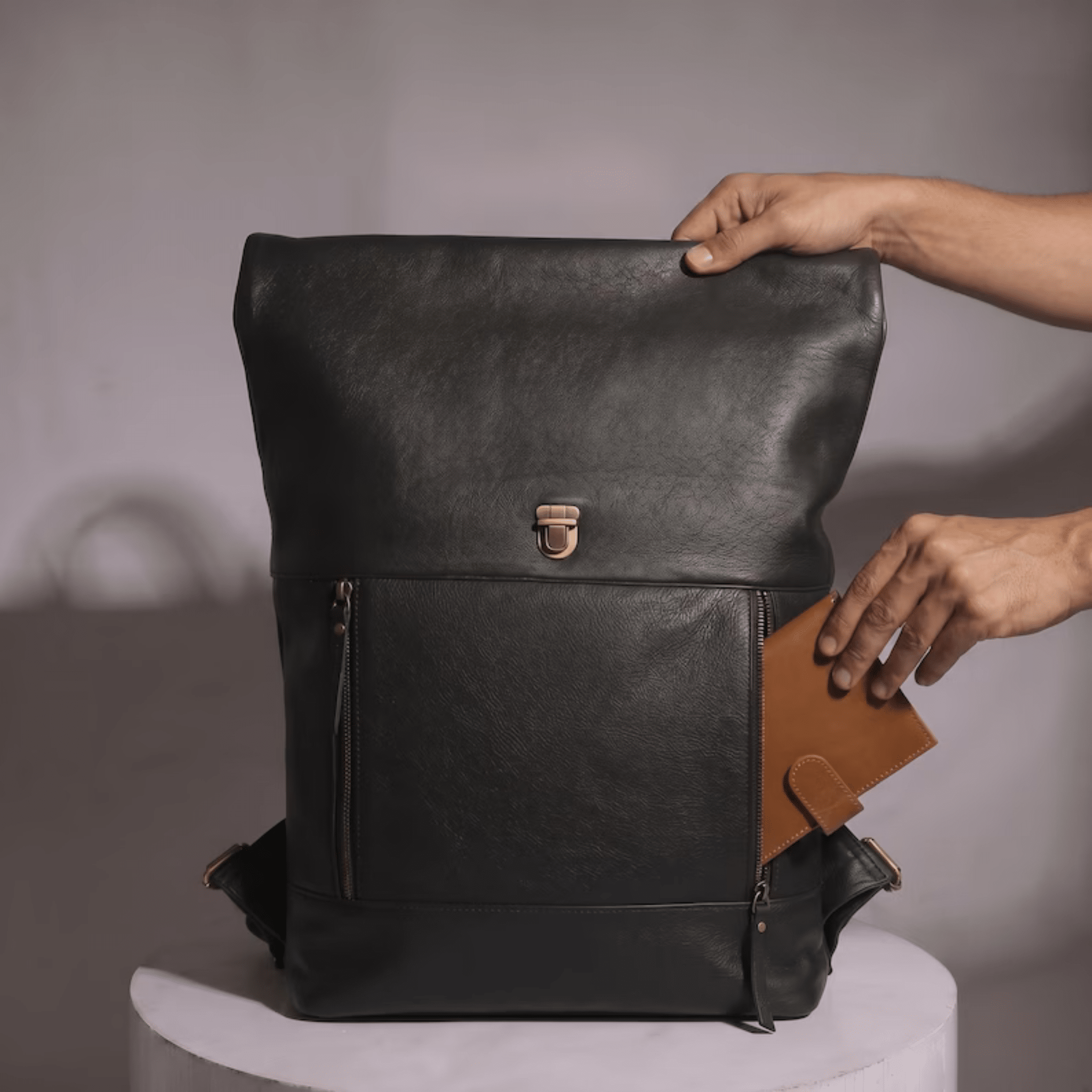 Full Grain Leather Roll Top Backpack side pocket