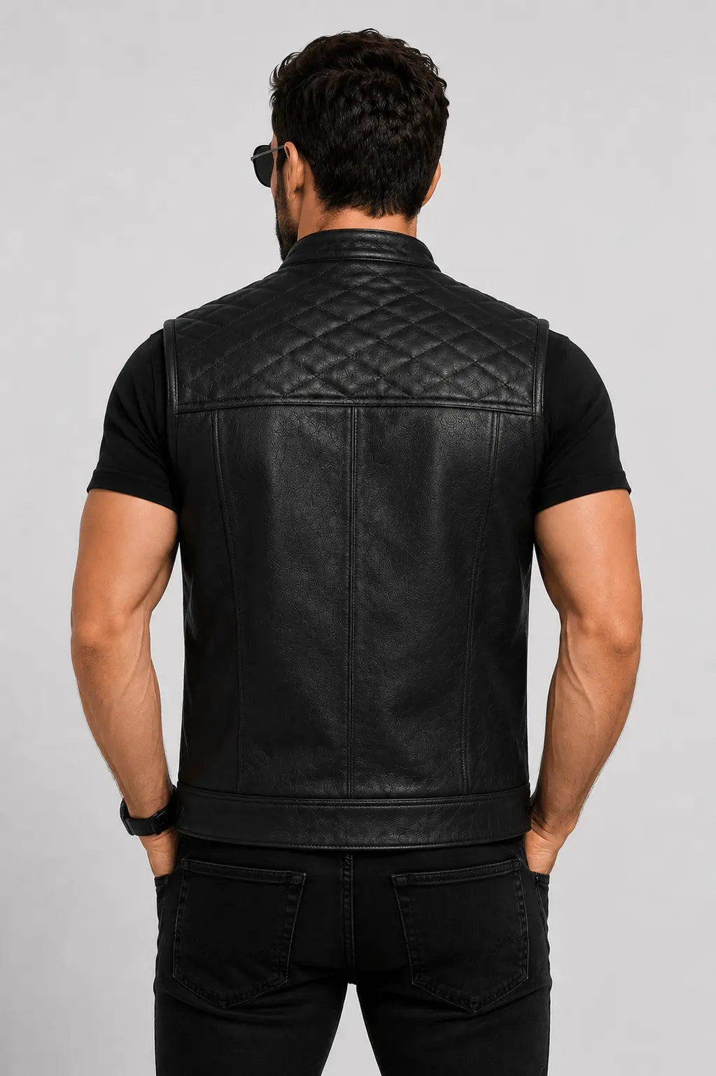 Handcrafted Black Cowhide Motorcycle Club Vest back view