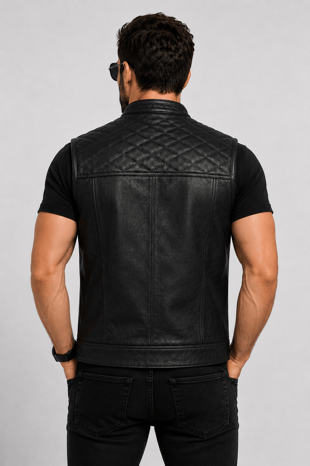 Handcrafted Black Cowhide Motorcycle Club Vest back view