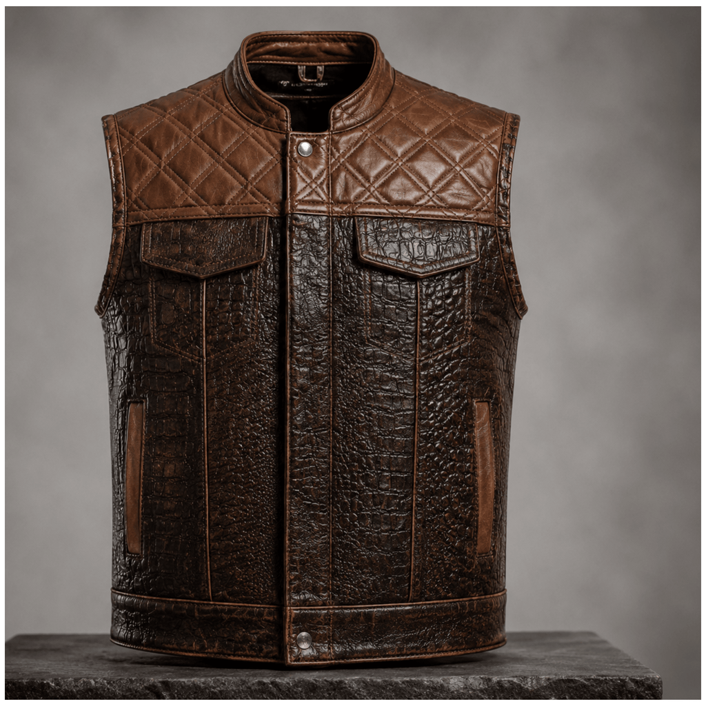 Handcrafted Brown Crocodile Embossed Cowhide Leather Vest  front view