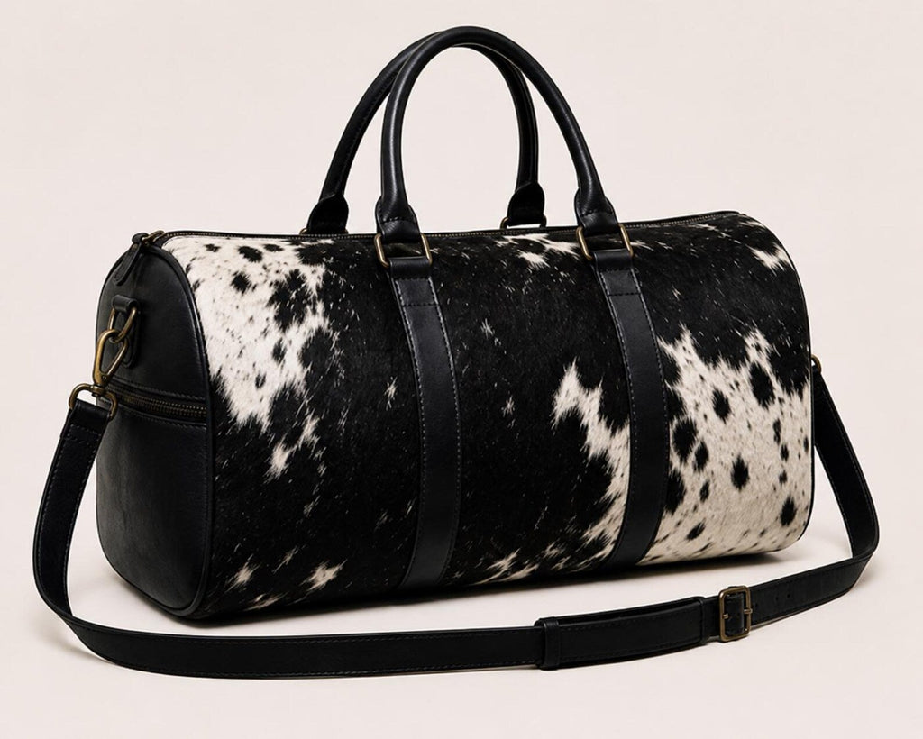 Handmade Cowhide Leather Duffle Bag – Hair On Hide Travel Weekender - The Leather Syndicate